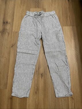 J. Crew White and Black Pinstripe Linen Blend Cropped Drawstring Pants